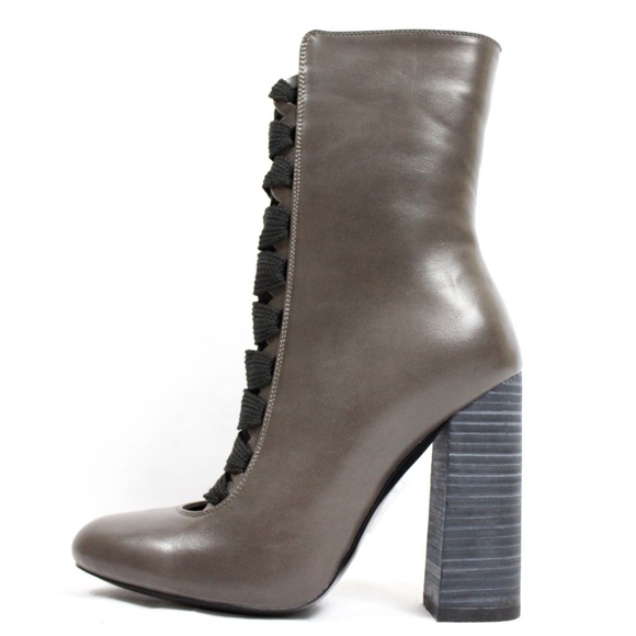 Chunky Stacked Heel Ankle Lace Up Round Toe bootie - Picture 2 of 5